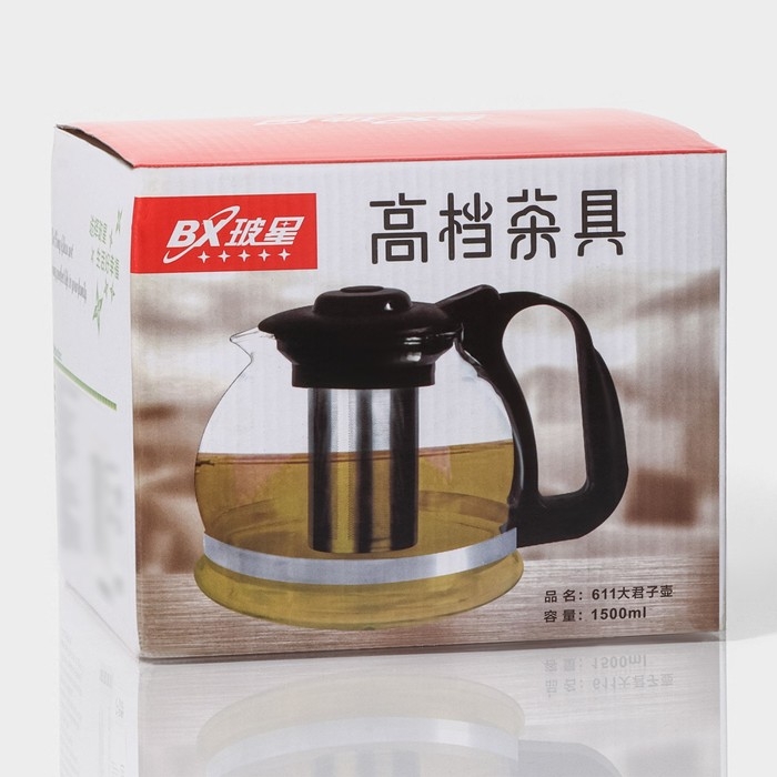 Чайник стеклянный заварочный Доляна «Иллюзия», 1,5 л, с металлическим ситом, цвет чёрный Чайник стеклянный заварочный Доляна «Иллюзия», 1,5 л, с металлическим ситом, цвет чёрный