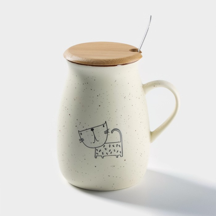 Кружка керамическая с деревянной крышкой и ложкой «Пэтти», 350 мл, рисунок МИКС Кружка керамическая с деревянной крышкой и ложкой «Пэтти», 350 мл, рисунок МИКС