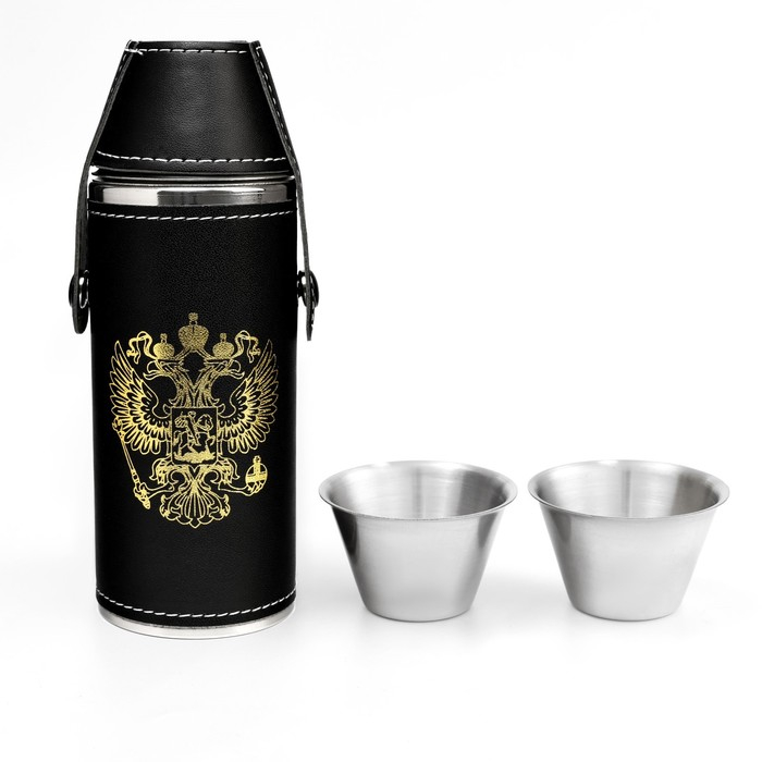 Фляжка для алкоголя и воды  Фляжка для алкоголя и воды "Герб России", нержавеющая сталь, 240 мл, 2 стопки по 30 мл