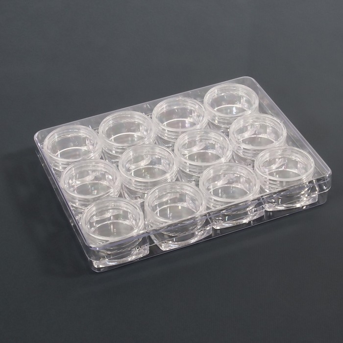 Набор баночек для декора, 12 шт, в органайзере, квадратные, 4 мл, 12 × 10 × 2 см, цвет прозрачный