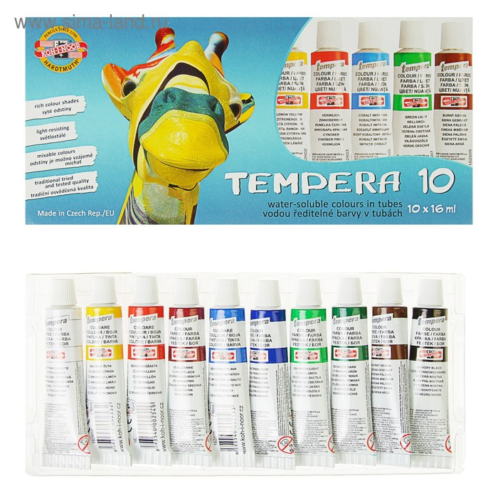 Краски темперные в тубах Koh-I-Noor, 10 цветов х 16 мл, без кисти Краски темперные в тубах Koh-I-Noor, 10 цветов х 16 мл, без кисти