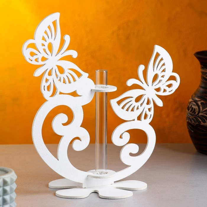 Кашпо деревянное 13.5×13×26.5 см с 1 колбой  Кашпо деревянное 13.5×13×26.5 см с 1 колбой "Бабочки", белый Дарим Красиво