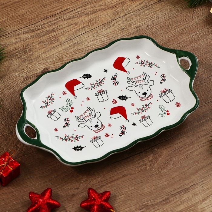 Новый год! Блюдо керамическое «Новогодние олени», 23х13х2.5 см, цвет белый