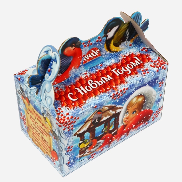 Новый год. Подарочная коробка новогодняя Кормушка "Покормите птиц зимой" в синем окошко с двух сторон, 20 x 12 x 19 см.