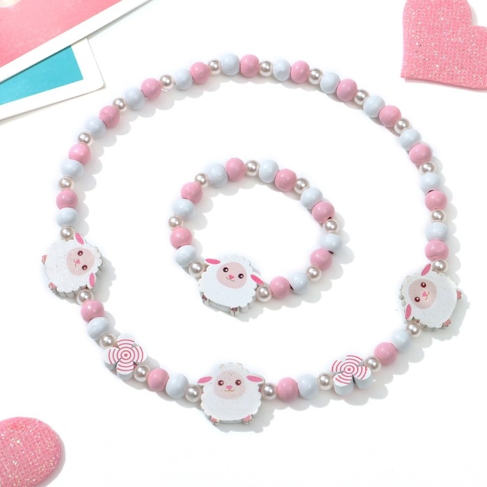 Набор детский «Выбражулька» 2 предмета: бусы, браслет, барашек, цвет бело-розовый Набор детский «Выбражулька» 2 предмета: бусы, браслет, барашек, цвет бело-розовый