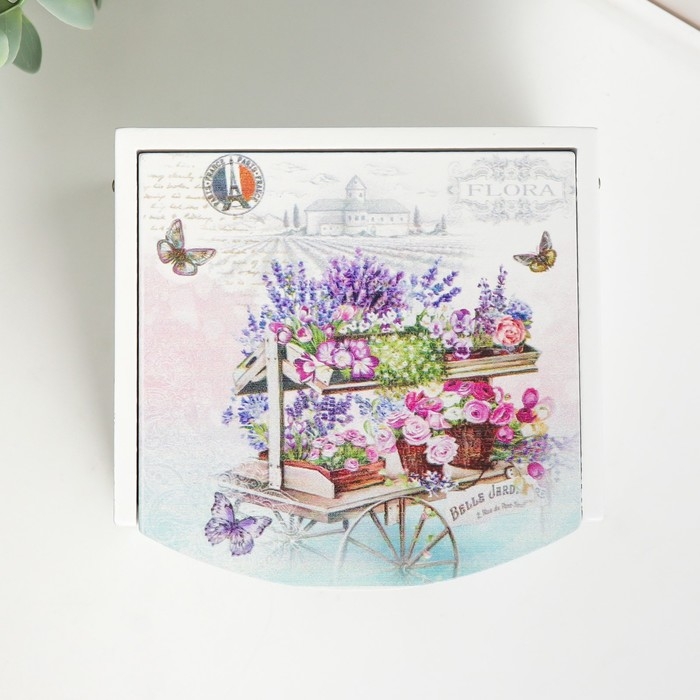 Шкатулка дерево с зеркалом "Тележка с цветами" 10,5х10,8х7 см