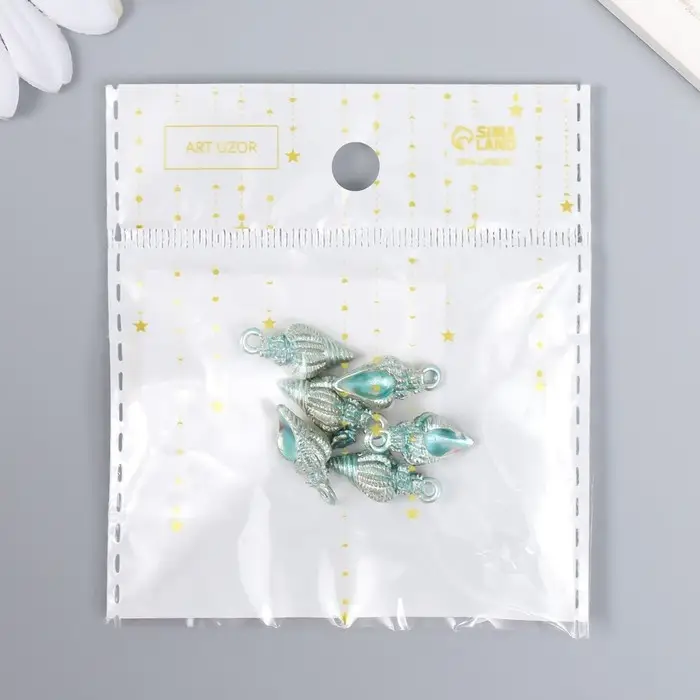 Декор для творчества металл, эмаль "Морская раковина" голубой с золотом 1х2 см