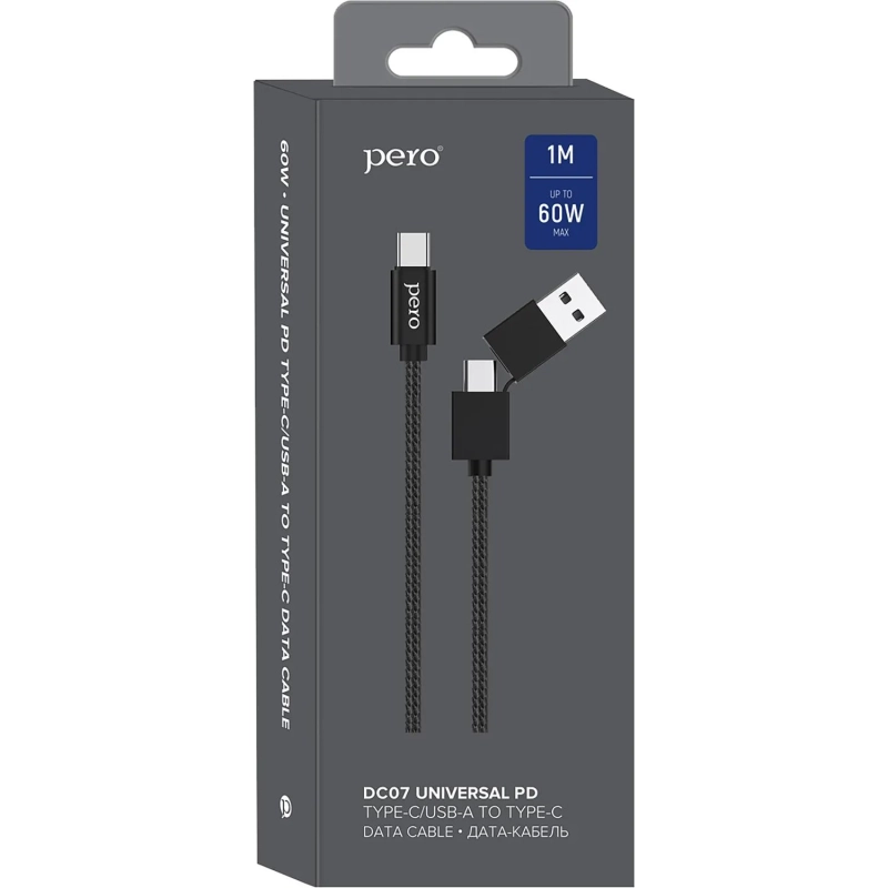 Кабель USB PERO DC-07 UNIVERSAL 2 in 1, USB-A + PD  to Type-C, 1m, Black