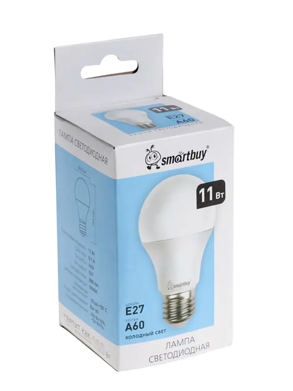 Лампа светодиодная Smartbuy, E27, A60, 11 Вт, 6000 К, свечение холодное белое