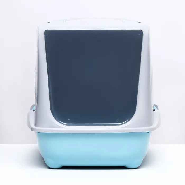 Туалет-домик для кошек закрытый с дверцей 43&times;32&times;33 см, бирюзово-серый