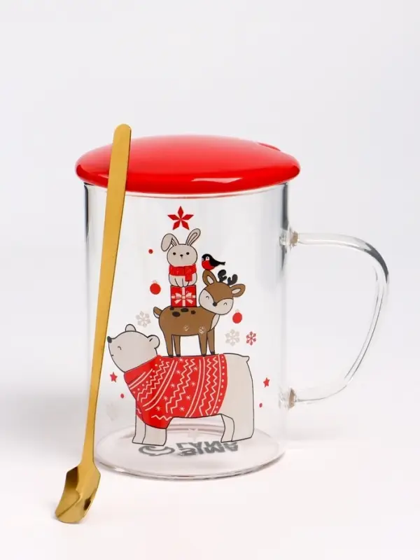 Кружка новогодняя с ложкой и крышкой &laquo;Зверята&raquo;, 470 мл