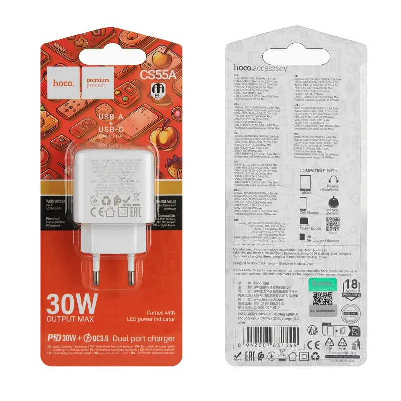 Переходник сетевого зарядного устройства на Type-C PD30W + USB QC3.0 CS55A HOCO белый