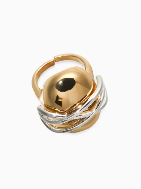 Кольцо медь "Сетка на овале", цвет золото- серебряный, безразмерное