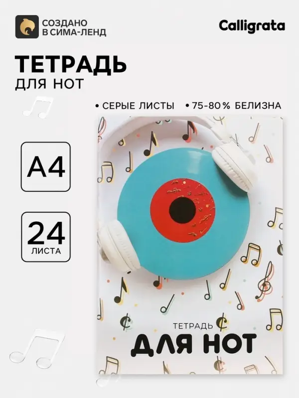 Тетрадь для нот А4, 24 листа &laquo;Пластинка&raquo;, вертикальная