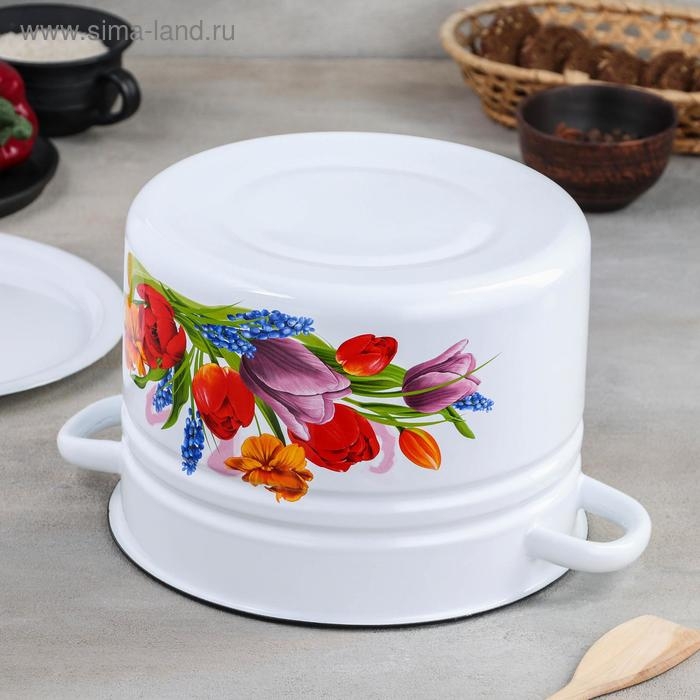 Кастрюля эмалированная цилиндрическая «Тюльпан Май», 8 л, цвет белый Кастрюля эмалированная цилиндрическая «Тюльпан Май», 8 л, цвет белый