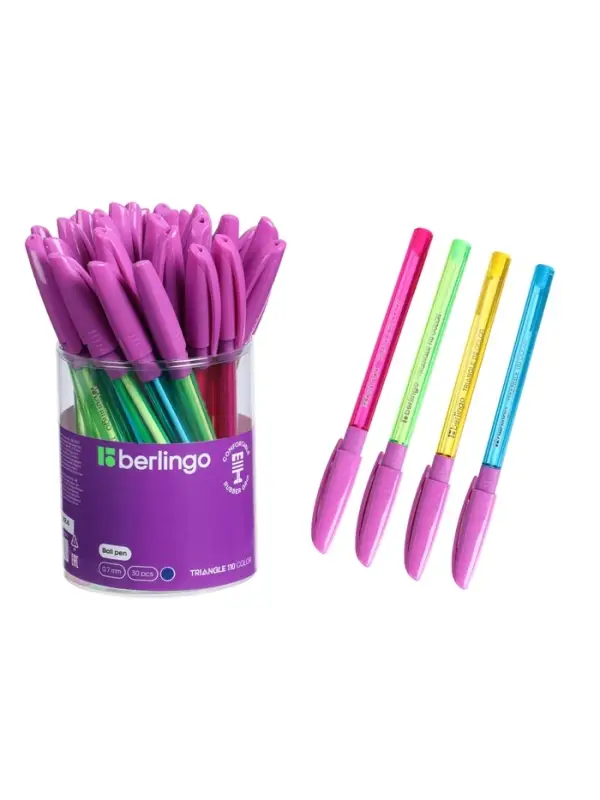 Ручка шариковая Berlingo. Triangle 110 Color, синий стержень, узел 0.7 мм, резиновый упор, МИКС