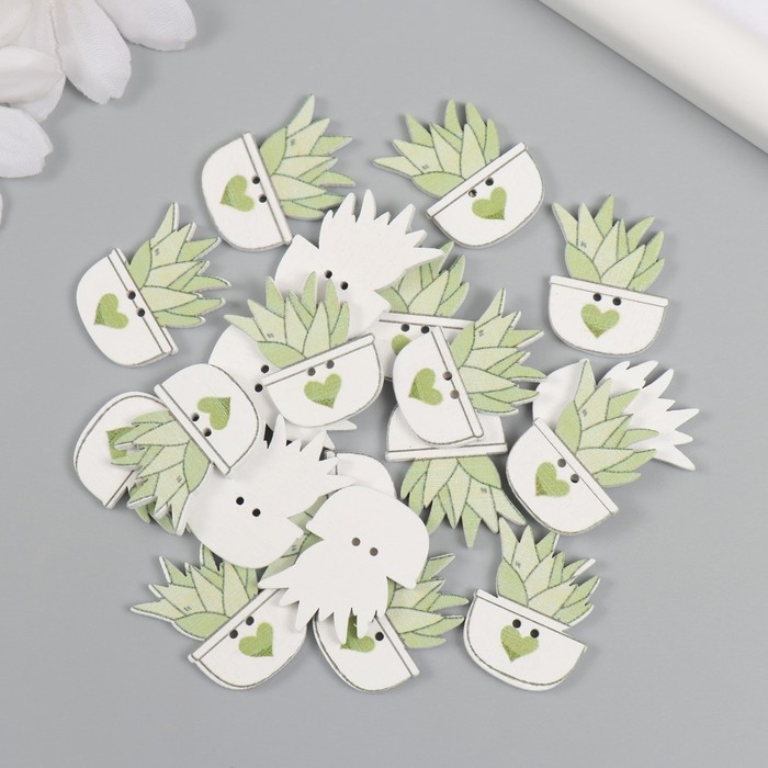 Пуговицы дерево для творчества 2 прокола Пуговицы дерево для творчества 2 прокола "Суккулент в горшочке" набор 20 шт 1,8х2,5 см