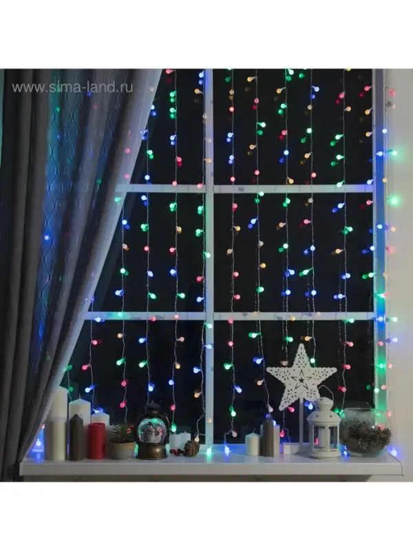 Гирлянда &laquo;Занавес&raquo; 2&times;1.5 м с насадками &laquo;Шарики&raquo;, IP20, прозрачная нить, 360 LED, свечение мульти, 8 режимов, 220 В