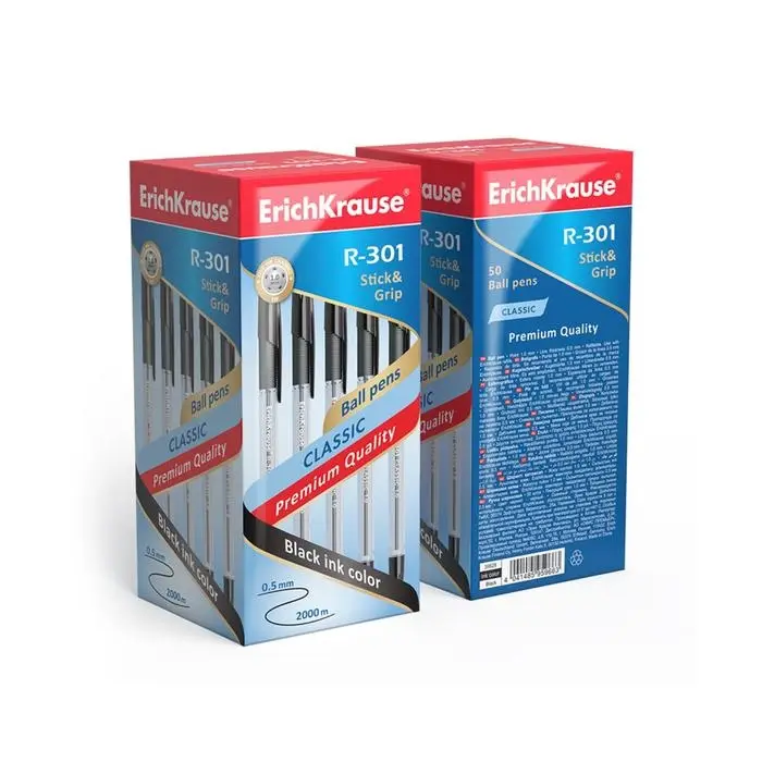 Ручка шариковая ErichKrause R-301 Classic Stick & Grip, узел 1.0 мм, чернила чёрные, резиновый упор, длина линии письма 800 метров