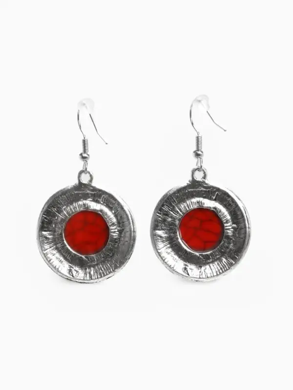 Серьги &laquo;Круг&raquo;, винтаж, красные в чернённом серебре