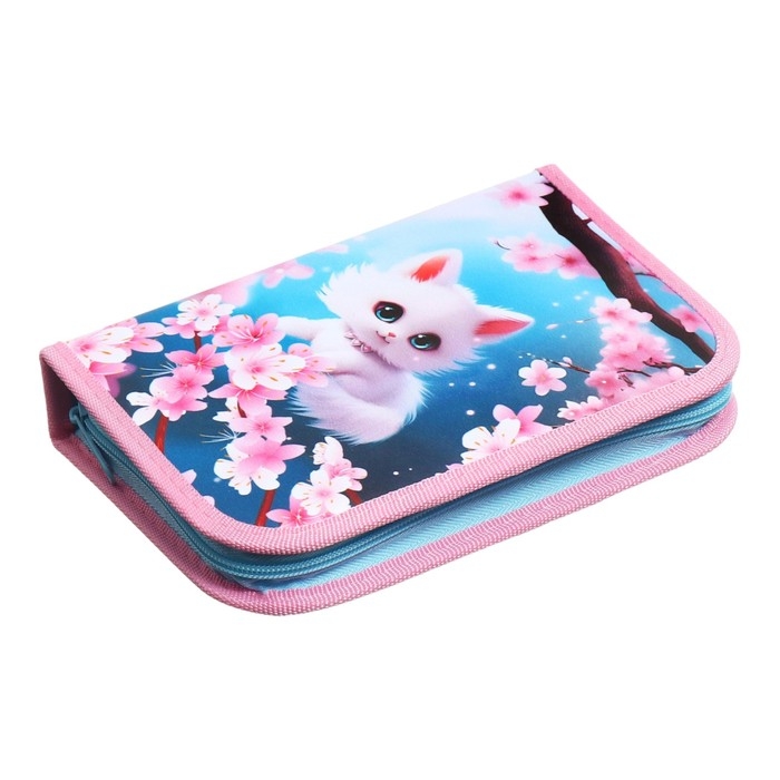 Пенал 1 секция 140 х 210 х 40 мм, откидной карман и косметичка, тканевый, Calligrata TOP Content  Пенал 1 секция 140 х 210 х 40 мм, откидной карман и косметичка, тканевый, Calligrata TOP Content "Котик сакура"
