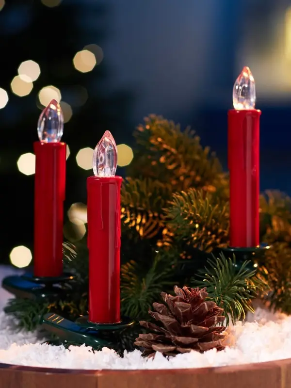 Светодиодные «Свечи на прищепках красные» 11 см, набор 10 шт, 10 LED, от батареек ААх10, пульт, свечение тёплое белое