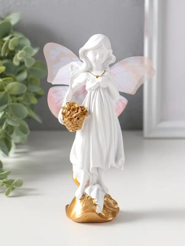 Сувенир полистоун "Девочка-бабочка с золотыми цветами в корзинке" белый 5х6,5х17,2 см