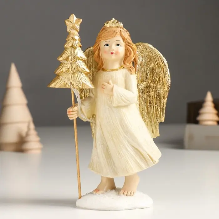 Фигурка полистоун &laquo;Девочка-ангел в бежевом платье с ёлочкой&raquo;, золото, 6&times;9&times;17 см