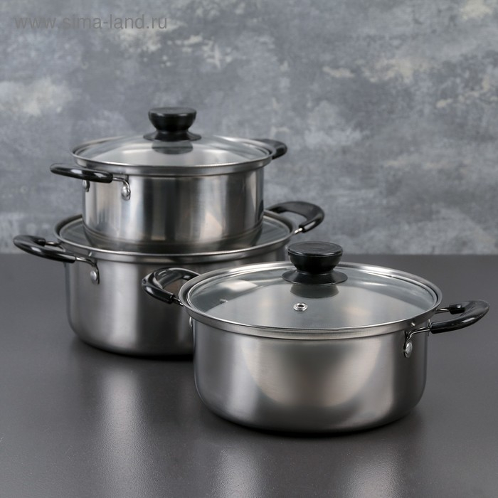 Набор кастрюль из нержавеющей стали, 3 предмета: кастрюли 1 л, 1,4 л, 1,8 л, d=15/17/18,5 см, крышки, индукция