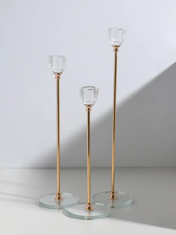 Подсвечник стекло, металл "Чаша-кристалл" d=2,2 см набор 3 шт h=23, 27,5 и 32,5 см