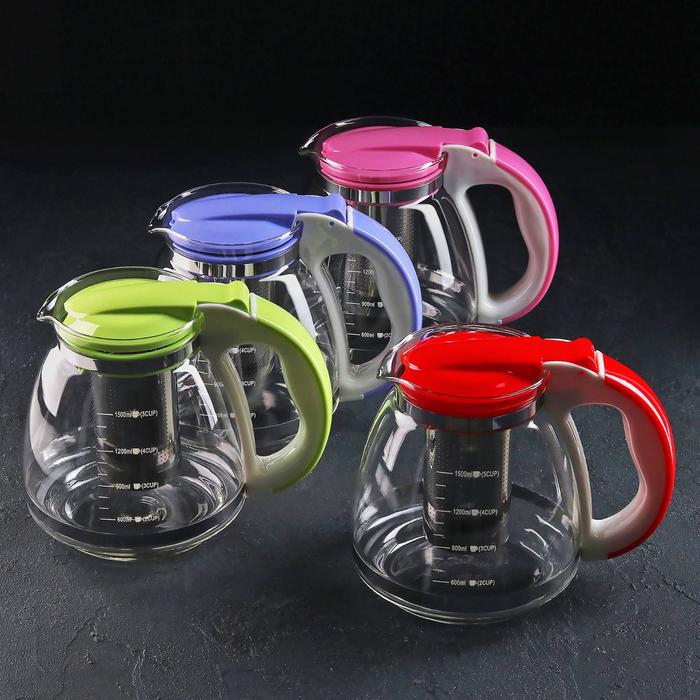 Чайник стеклянный заварочный, 1,5 л, с металлическим ситом, цвет МИКС Чайник стеклянный заварочный, 1,5 л, с металлическим ситом, цвет МИКС