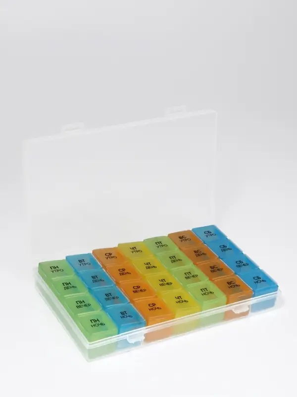 Таблетница - органайзер &laquo;Неделька&raquo;, съёмные ячейки, утро/день/вечер/ночь, 17.5&times;10.7&times;2.5 см, 7 контейнеров по 4 секции, разноцветная