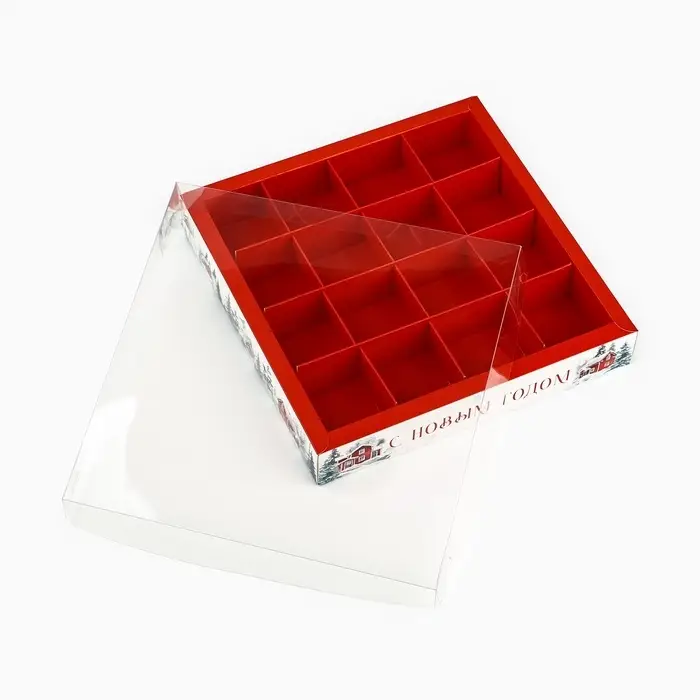 Коробка под 16 конфет новогодняя с ячейками &laquo;Снежные домики&raquo;, 19&times;19&times;3 см