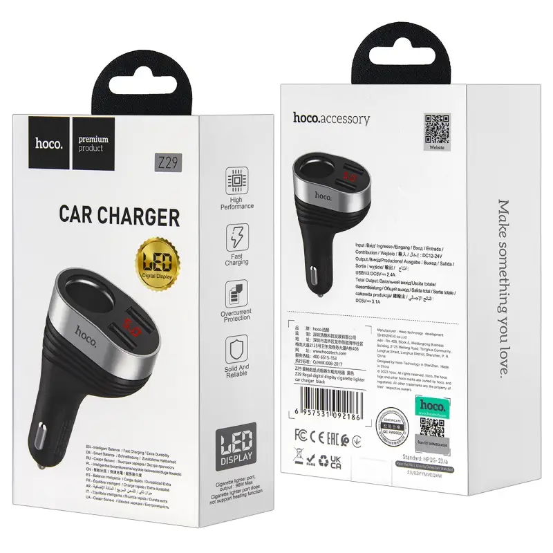 * Переходник Z29 АЗУ на 2 USB + прикуриватель HOCO черный * Переходник Z29 АЗУ на 2 USB + прикуриватель HOCO черный