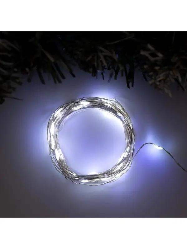 Гирлянда &laquo;Нить&raquo; 5 м, роса, IP20, серебристая нить, 50 LED, 2 режима, от батареек AAх3, свечение белое