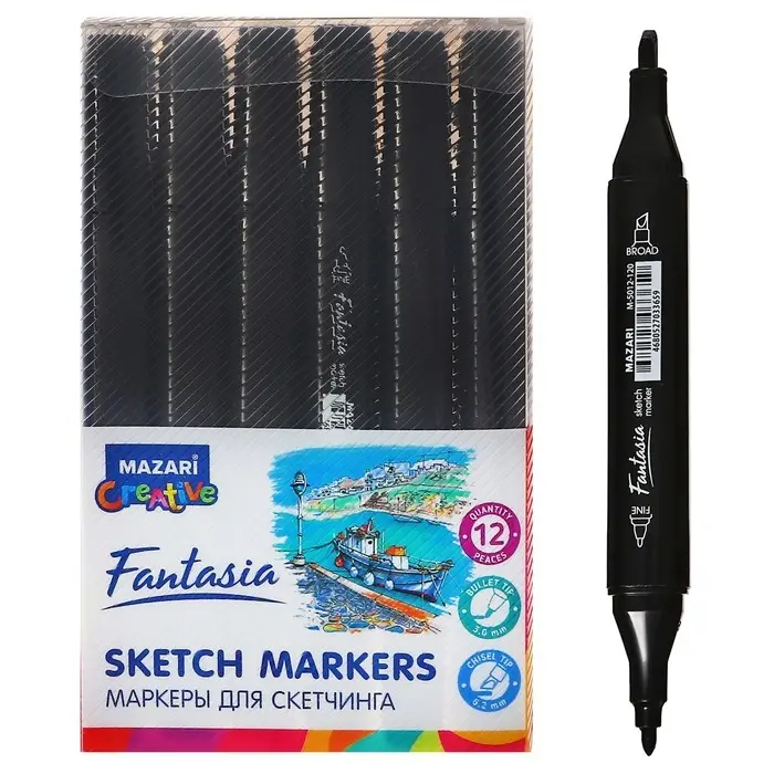 Маркер художественный двусторонний Mazari Маркер художественный двусторонний Mazari "FANTASIA" black, пишущие узлы 3,0 - 6,2 мм