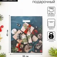 Пакет подарочный новогодний &laquo;Подарки на зеленом&raquo;, глянец полиэтиленовый с вырубной ручкой, 38&times;45 см, 60 мкм