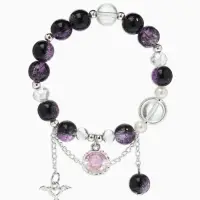 Браслет с подвесками "Сахарный" ракушка, шар №10/8, цвет чёрно-фиолтеовый в серебре