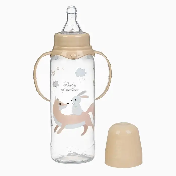 Бутылочка для кормления, от 3 мес., 250 мл, цилиндр, с ручками, бежевый &laquo;Лесные друзья&raquo; Крошка Я