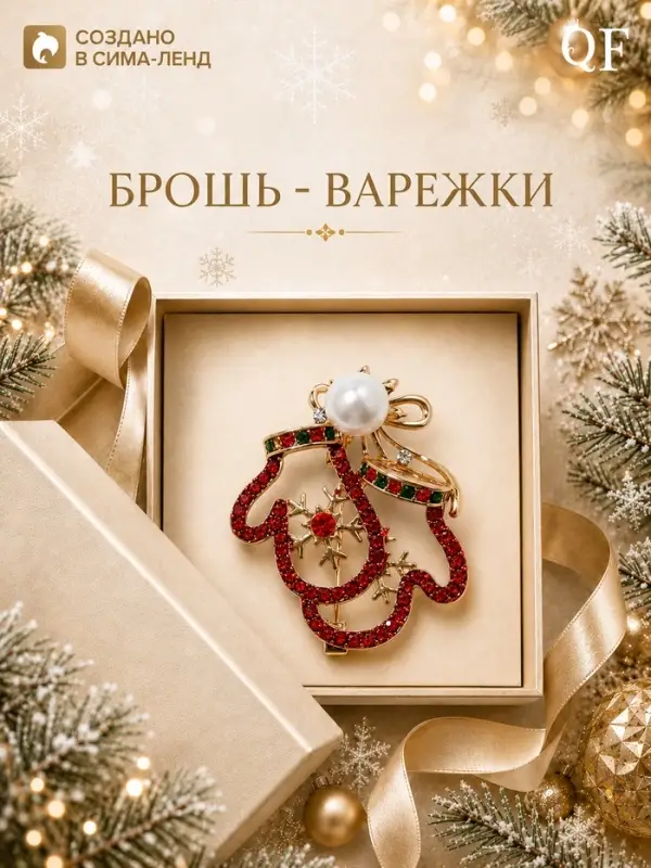 Брошь новогодняя &laquo;Варежки&raquo;, контур, цветная в золоте
