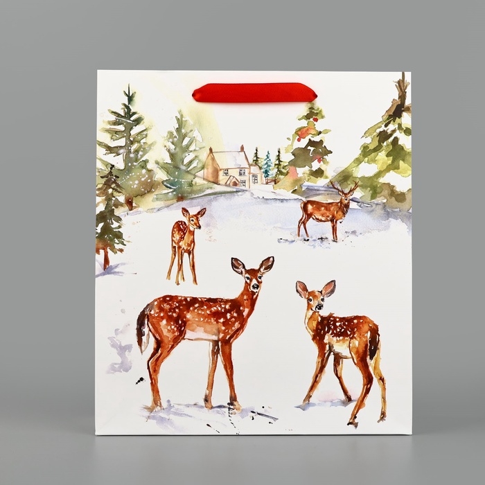 Пакет подарочный новогодний ламинированный «Прогулка в зимнем лесу», M 30 х 26 х 9 см, Новый год Пакет подарочный новогодний ламинированный «Прогулка в зимнем лесу», M 30 х 26 х 9 см, Новый год