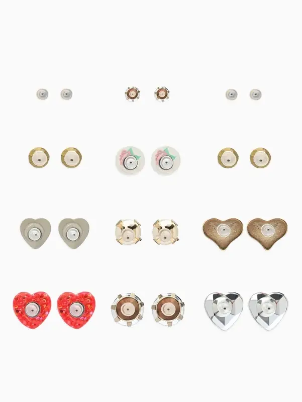 Серьги пусеты QF &laquo;Романтика&raquo;, 12 пар, сердечки, цветные в золоте