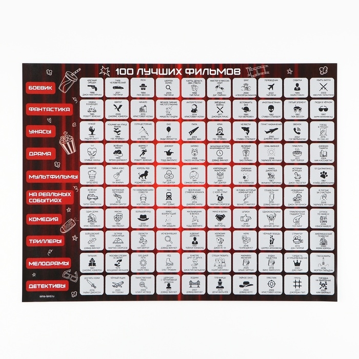 Скретч - карта. Плакат со скретч слоем «Список фильмов», А3 Скретч - карта. Плакат со скретч слоем «Список фильмов», А3