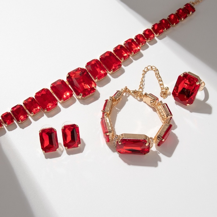 Набор 4 предмета: серьги, колье, браслет, кольцо «Вечерний» объём, красный в золоте Набор 4 предмета: серьги, колье, браслет, кольцо «Вечерний» объём, красный в золоте