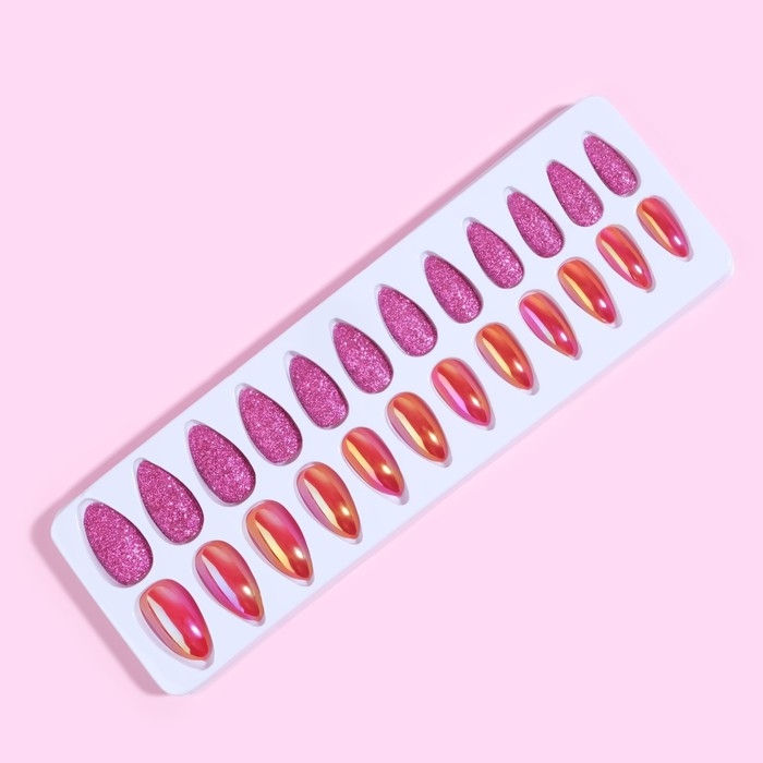 Накладные ногти, 24 шт, с клеевыми пластинами, форма миндаль, блёстки/голография, цвет малиновый Накладные ногти, 24 шт, с клеевыми пластинами, форма миндаль, блёстки/голография, цвет малиновый