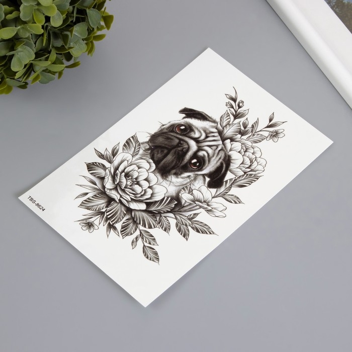 Татуировка на тело цветная Татуировка на тело цветная "Мопс в цветах" 12х19 см