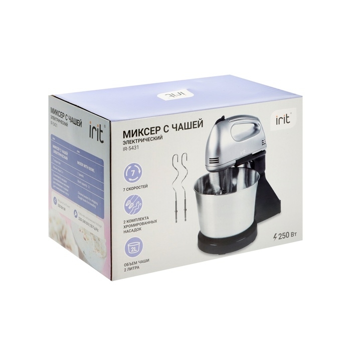 Миксер Irit IR-5431, стационарный, 250 Вт, 2 л, 7 скоростей, 4 насадки, серебристый Миксер Irit IR-5431, стационарный, 250 Вт, 2 л, 7 скоростей, 4 насадки, серебристый