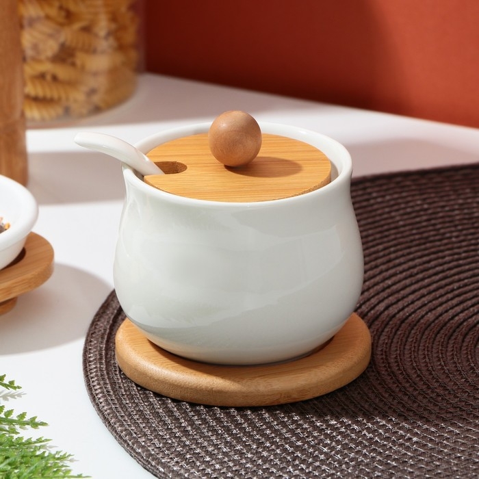 Сахарница керамическая с деревянной подставкой «Сердце дома», 230 мл, цвет белый