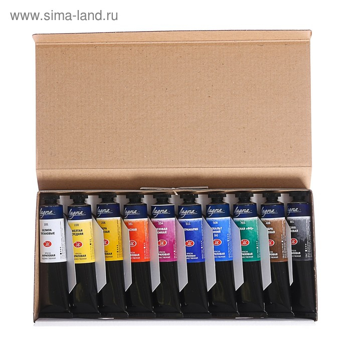 Краска акриловая в тубе, набор 10 цветов х 46 мл, ЗХК  Краска акриловая в тубе, набор 10 цветов х 46 мл, ЗХК "Ладога", художественный, 2241142
