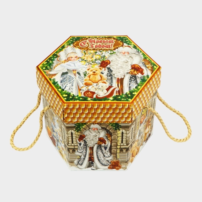 Новый год. Подарочная коробка новогодняя Шестигранник малый Новый год. Подарочная коробка новогодняя Шестигранник малый "Новогодний шарм" с веревочными ручками, 210x210x185 мм.